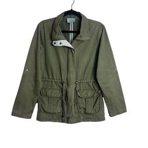 Anthropologie SKIES ARE BLUE Snap-up Green Utility Jacket Synch Waist Sz XS